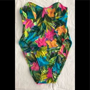 Vintage strapless floral one piece bathing suit.